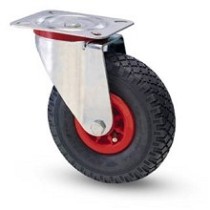 Pneumatic wheel with nylon rim and galvanized rotating plate support