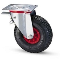Pneumatic wheel with nylon rim and rotating plate support and galvanized brake