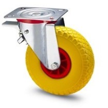 Solid rubber wheel with nylon rim and rotating plate support and galvanized brake