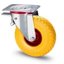 Solid rubber wheel with metal rim and rotating plate support and galvanized brake