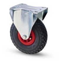Pneumatic wheel with nylon rim and fixed galvanized plate support