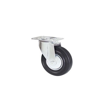Black rubber wheel with galvanized rotating plate support