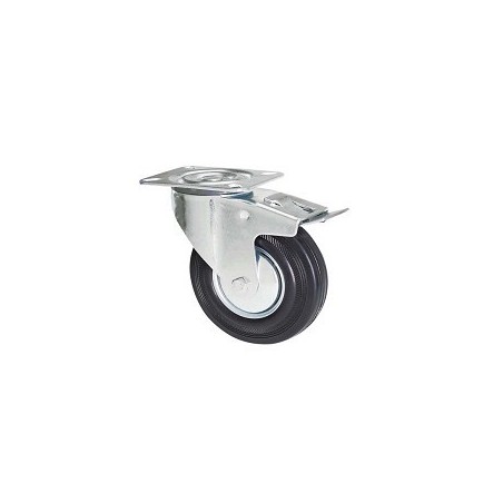 Black rubber wheel with rotating plate support and galvanized brake