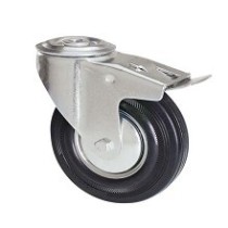Black rubber wheel with rotating screw hole support and galvanized brake