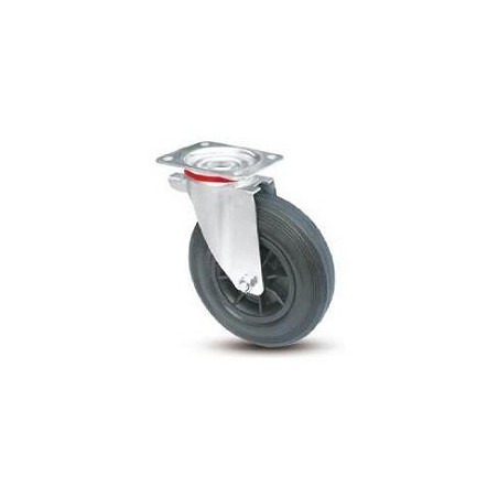 Wheel for street cleaning containers with nylon rim and galvanized rotating plate support