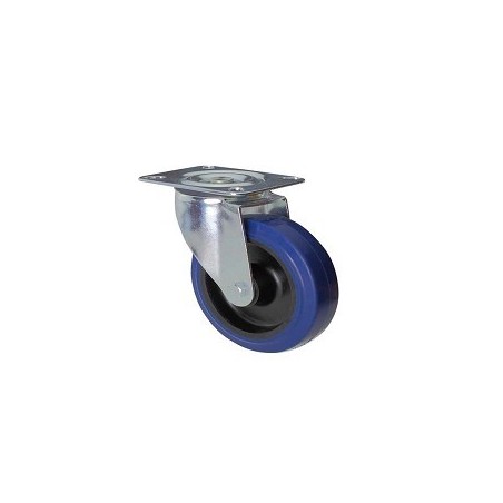 Blue rubber wheel with galvanized rotating plate support