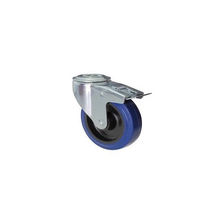 Roue en caoutchouc bleu avec support de trou de vis tournant et frein galvanisé
