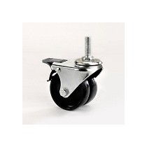 Twin furniture wheel in black nylon with threaded shank and galvanized brake